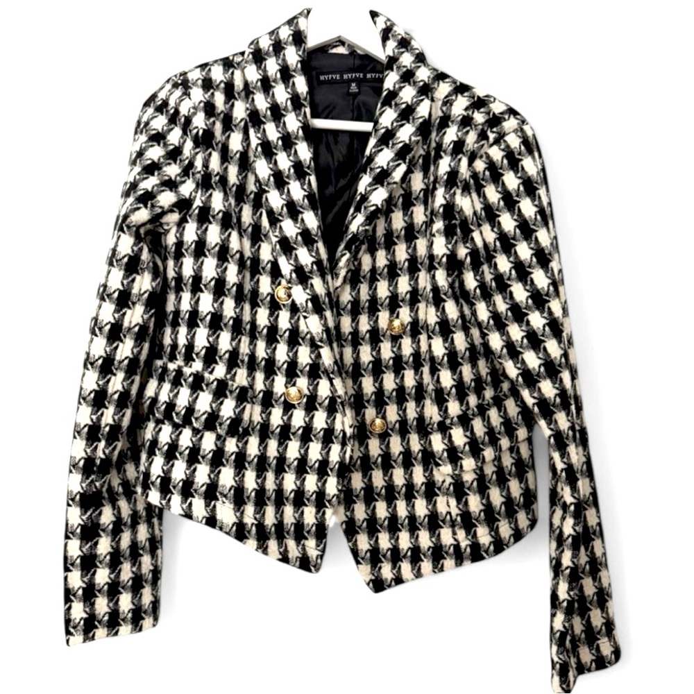 Hyfve Plaid Wool Blazer With Gold Buttons